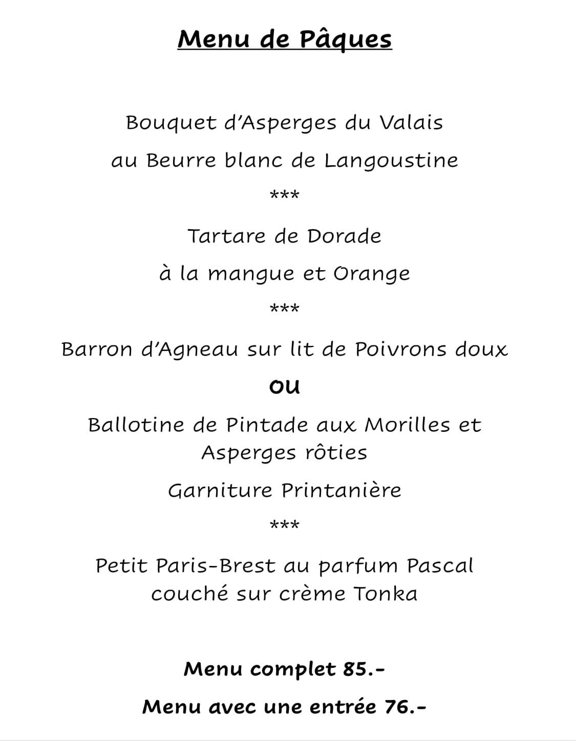 Menu de Pâques